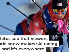 U.S. skier Rosie Brennan leads a group during the women’s team sprint classic cross-country skiing competition at the 2022 Winter Olympics. AP Photo/Aaron Favila